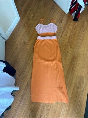 Two-Piece Crop Top & Maxi Skirt Set in Orange and Light Pink